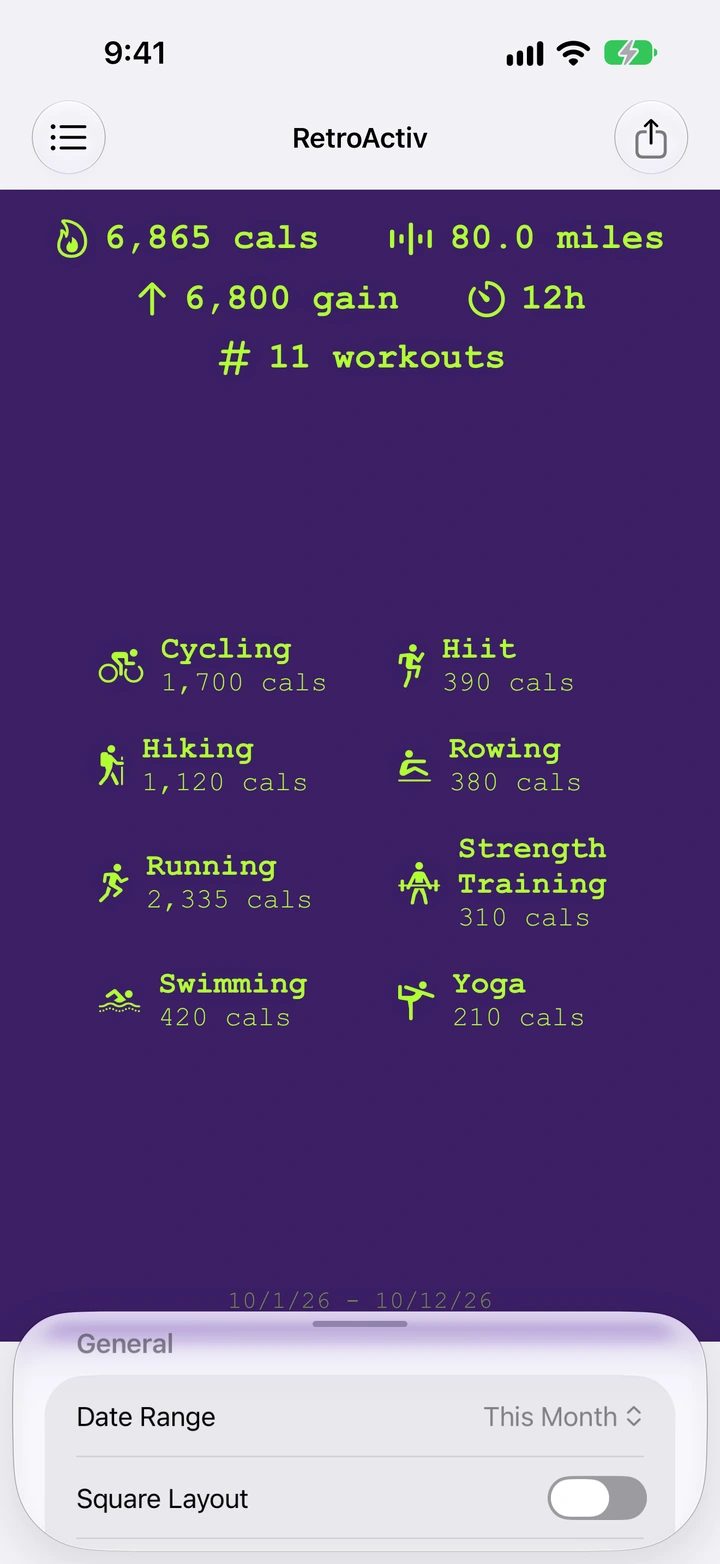 The same 80-mile, 11-workout RetroActiv summary with a monospaced font and lime stats on purple.