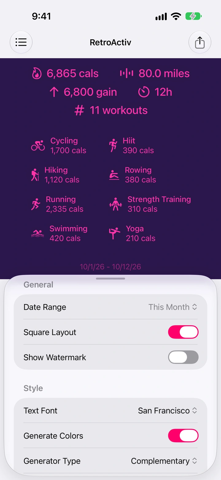 RetroActiv showing an 11-workout summary with pink stats on a purple background and style controls below.